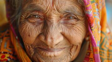 su sonrisa líneas me gusta un trabajo de Arte intrincadamente formar patrones ese contar el historia de su lleno de risa viaje. foto