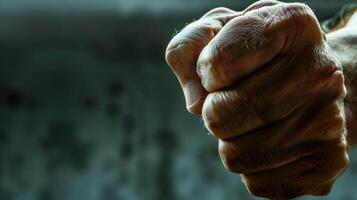 The body is rigid and tense with clenched fists and a furrowed brow displaying a sense of aggression or hostility. photo