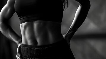 The interplay of shadows across the curves and dips of her waist highlighting the definition of her abdominal muscles. photo