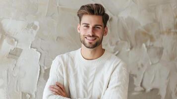 The body is relaxed and open with a slight lean forward and a friendly smile conveying a welcoming and approachable demeanor. photo