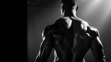 In the shadows the sculpted muscles of his back come to life capturing the strength and power of his physique. photo