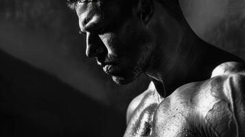 The intricate play of light and shadows on his body creates a mesmerizing rhythm showcasing the muscular symphony at play. photo