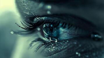 The track of a single tear as it slowly rolls down a furrowed brow leaving a glint in its wake. photo