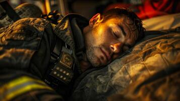 A firefighter sleeps in his bunk at the station surrounded by the sounds of his colleagues. His face is peaceful and his body completely relaxed a reminder that even those with highstress photo