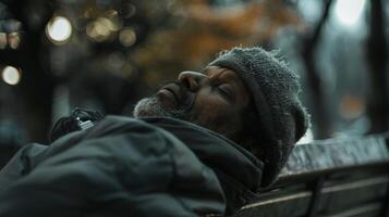 A homeless person sleeps on a park bench their body huddled up and their face turned towards the sky. Despite their living conditions their face is peaceful and their body visibly photo