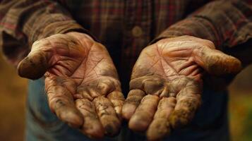 A closeup of an older mans hands strong and weathered worn from a lifetime of hard work and perseverance. photo