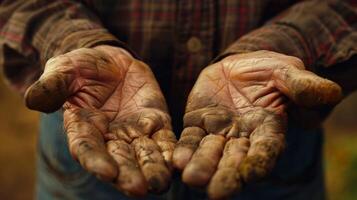 un de cerca de un más viejo mans manos fuerte y resistido desgastado desde un toda la vida de difícil trabajo y perserverancia. foto