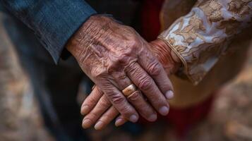 A closeup of an older couples hands their fingers intertwined a visual representation of the enduring bond they have built over a lifetime. photo