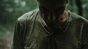 The subtle shake of a mans shoulders as he sobs leaving wet trails on the front of his shirt. photo