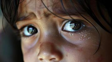 el hueco vacío sensación en un niños corazón dejando caminos de lágrimas como ellos son forzado a salir su hogar. foto