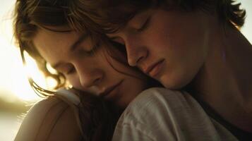 The weight of a head resting on a shoulder as two bodies lean into each other for support. photo