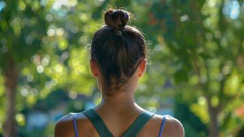 A starkly defined tan line on her back tells the story of too many hours spent studying for exams indoors. photo