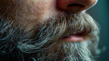 A closer look at a mans beard revealed a few rogue hairs adding a rebellious and nonconformist energy to his appearance. photo