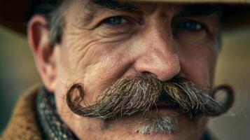 The carefully groomed mustache on this mans face was a nod to oldfashioned charm and sophistication. photo