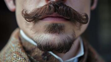 The intricately coiled mustache on this gentlemans upper lip exuded an air of refinement and sophistication. photo