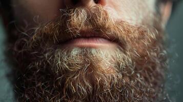 A closeup of a mans beard revealed a mix of curly and straight hairs adding depth and texture to his facial hair. photo
