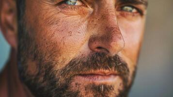 The thin and delicate stubble on this mans face added a touch of ity and vulnerability to his overall rugged look. photo