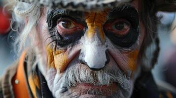 A closeup of a street performers face the lines and creases a testament to the many characters theyve embodied on these city streets. photo