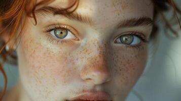 The freckles on her nose create a small but captivating constellation adding character and charm to her face. photo