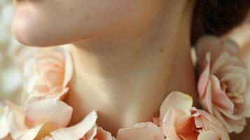 The smooth skin of a persons neck seemed to blend with the softness of flower petals displaying the tender harmony between human and natures delicate creations. photo