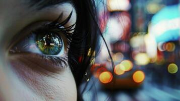 A closeup of a womans face as she stands in the chaotic swirl of a city intersection her eyes fixed on her destination with determination. photo