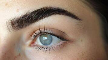 Thin sculpted brows are raised in a skeptical curve suggesting doubt or suion. photo