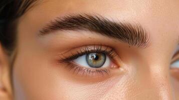 The brows are thin and perfectly shaped giving a symmetrical and polished appearance to the persons face. photo