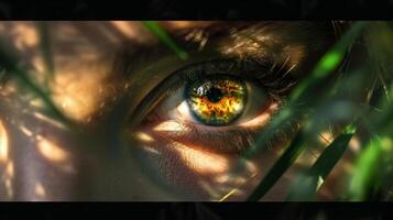 Standing out amidst the rest a pair of piercing amber eyes with flecks of gold and green like shards of sunlight shining through a canopy of trees. photo