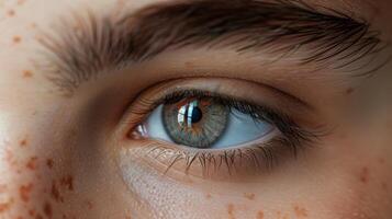 A deep line between the eyebrows portraying the weight of yzing and processing thoughts. photo