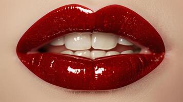 labios saburral en un brillante ardiente rojo brillo exudando confianza y seducción. foto