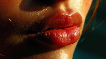 The slight trembling of a lip revealing the vulnerability and complexity of human emotions. photo