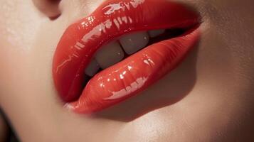 Natural rosy lips with a touch of glossy coral tint giving off a fresh and youthful appearance. photo