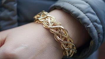 A vintage bracelet wrapped around a womans wrist has created an intricate pattern of overlapping lines a beautiful memory of her grandmother. photo