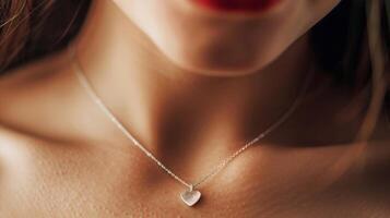 A tiny silver charm in the shape of a heart dangles from a delicate necklace resting on the exposed collarbone of a young woman and leaving a small indentation. photo