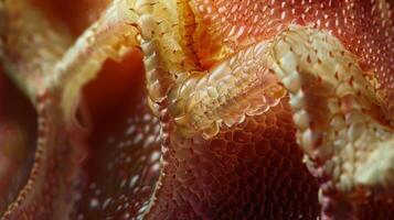 A closeup of a tongue its surface covered in deep creases and grooves. photo