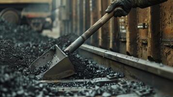A worker using a shovel to fill a hopper car with coal photo