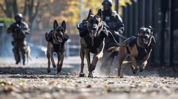 un equipo de entrenado perros y manipuladores ejecutando regular barre de el local para explosivos o contrabando foto