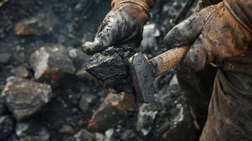 A miner uses a pickaxe to break apart large chunks of coal from the walls of the mine photo