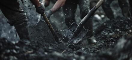 A group of miners using pickaxes and shovels to manually extract coal from the earth working tirelessly in the heat photo