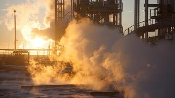 A thick cloud of steam rises from the rig as boiling hot oil is separated and processed for use photo
