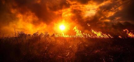 Nearby vegetation is ominously backlit by the fiery gas flares creating an apocalyptic atmosphere photo