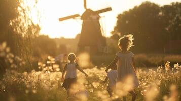 A family picnicking in a field in front of a windmill their children playing tag around its base photo