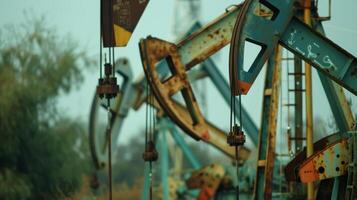 A of pumpjacks rhythmically bobbing up and down pulling oil from deep beneath the earth photo
