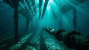 Sunlight filtering through the water illuminating a portion of the subsea pipeline photo