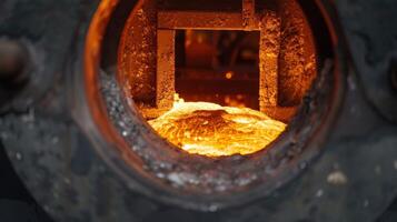 un horno siendo calentado arriba a sus máximo temperatura en preparación para un grande metal derritiendo trabajo foto