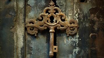 A weathered bronze key unlocking a massive, ancient gate, revealing a hidden entrance. photo