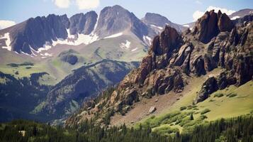 A rocky mountain range with jagged peaks, where a series of cliffs has formed a heartshaped opening in the side of the mountain. photo