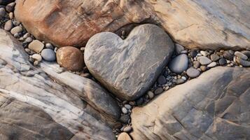 A detailed look at the textures and intricate patterns on a larger heartshaped rock, found a the larger boulders lining the waters edge. photo