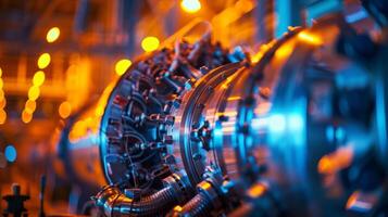 A nighttime photo of an industrial turbine lit up by colorful industrial lights adding an artistic touch to its functional purpose