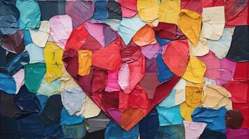 A closeup of a heart collage made entirely from pieces of torn tissue paper, creating a vibrant and textured design. photo